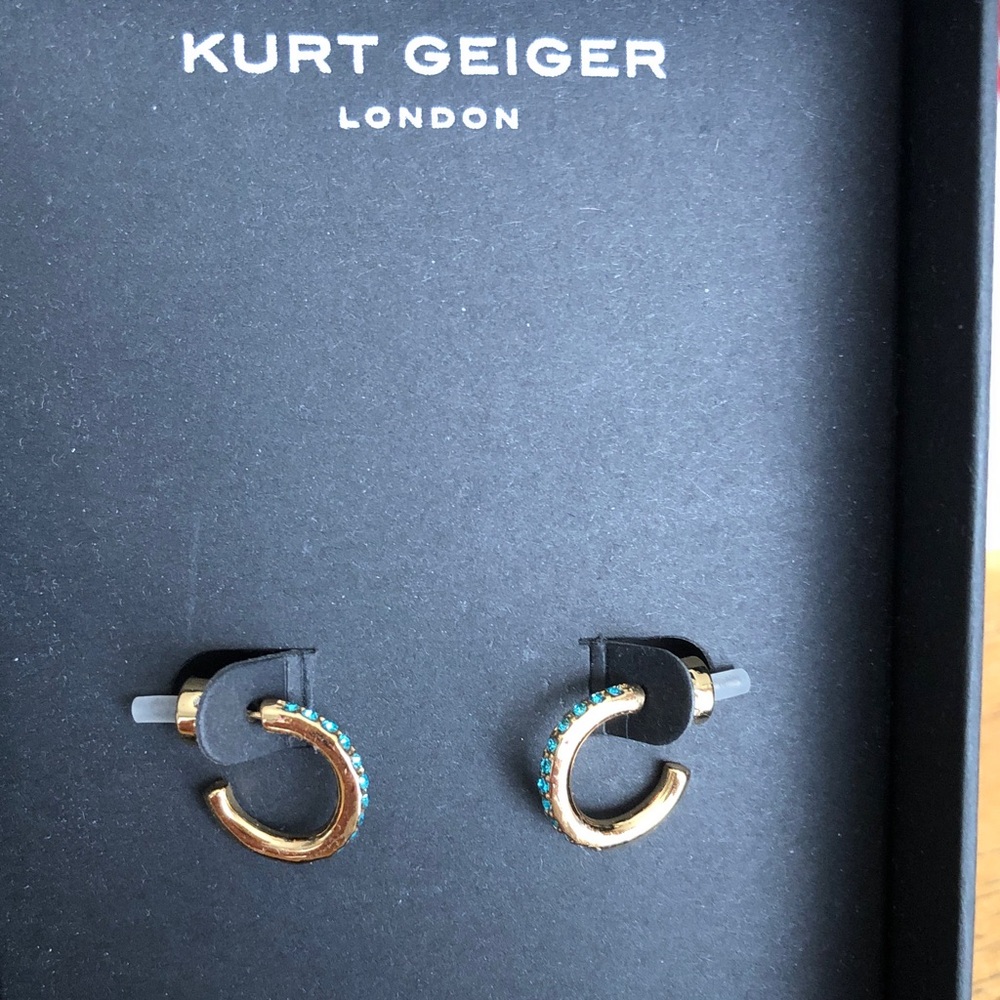 Kurt Geiger London Gold Tone C-Hoop Earrings Blue Crystal Accents NWT & Box